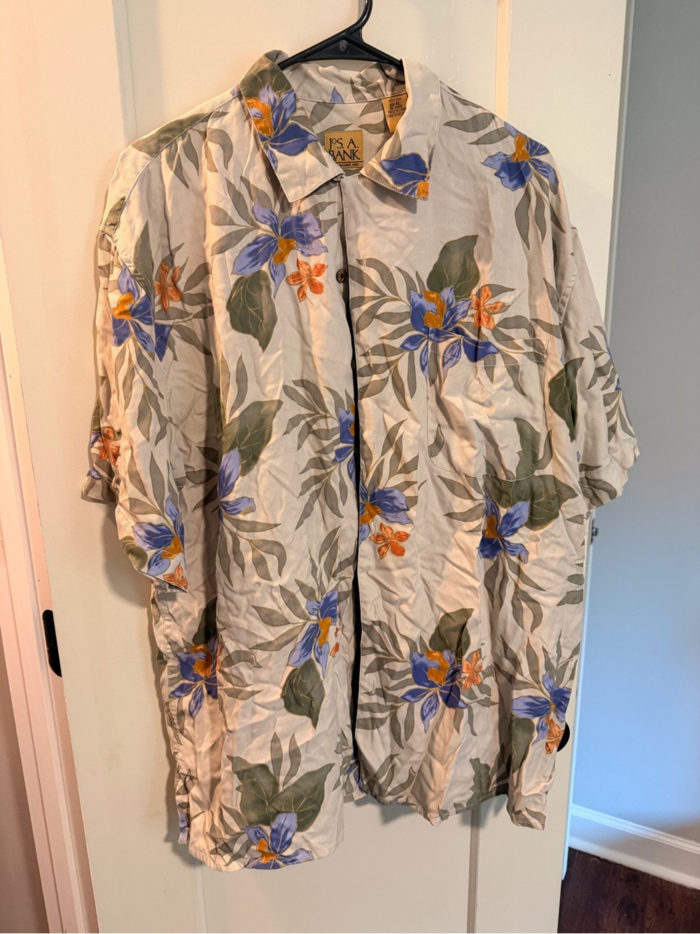 Jos. A. Bank White Cotton Floral Button-Down Shirt with Blue & Green Print